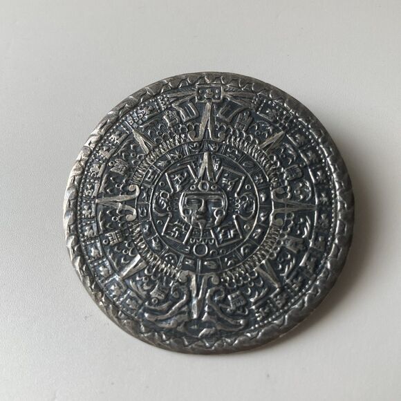 Vintage RMM Mexico Sterling Silver 925 Aztec Mayan Calendar Pendant Brooch MCM